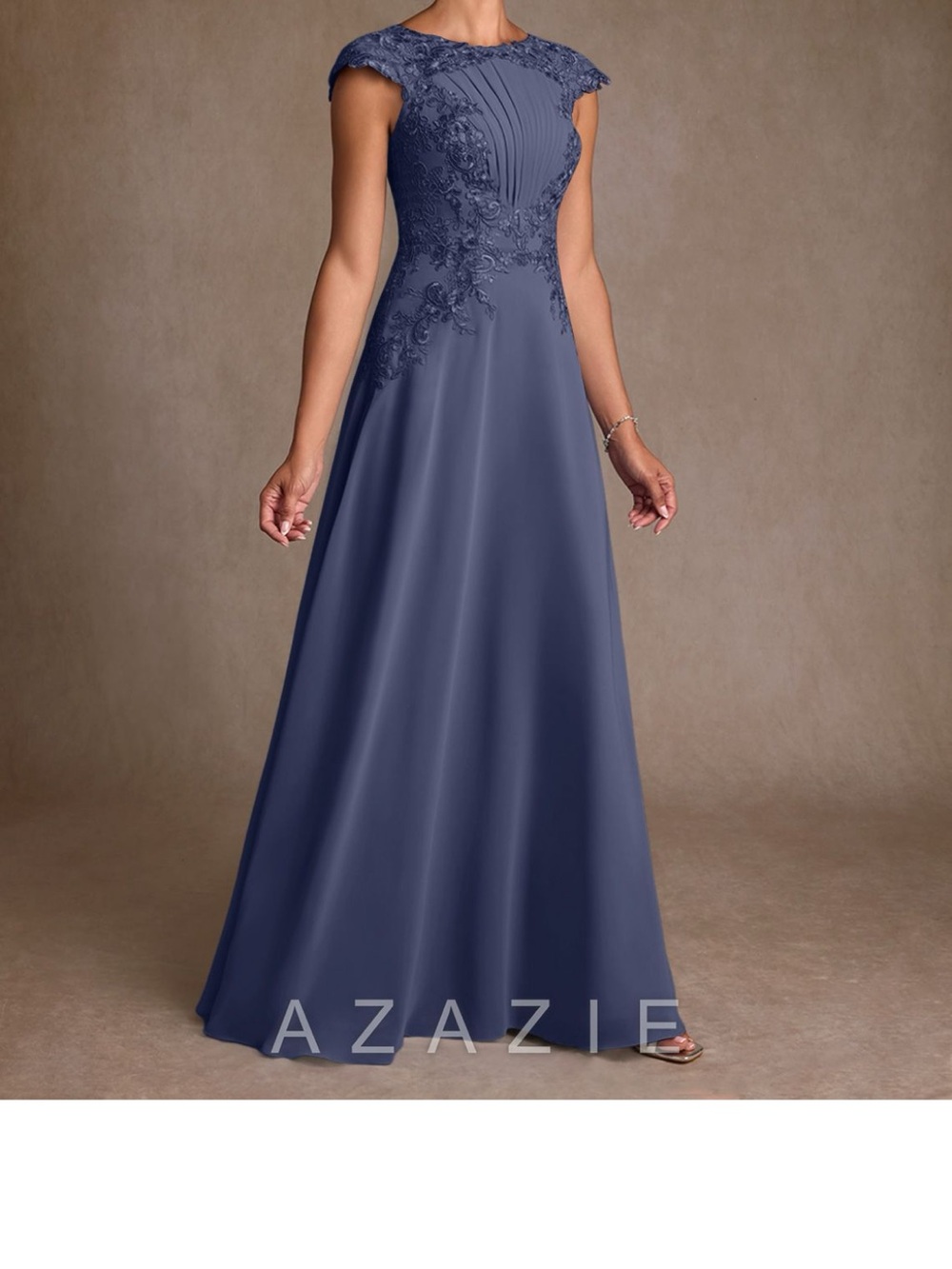 Azazie Smokey Blue Lace-Embellished Mother of the Bride Dress